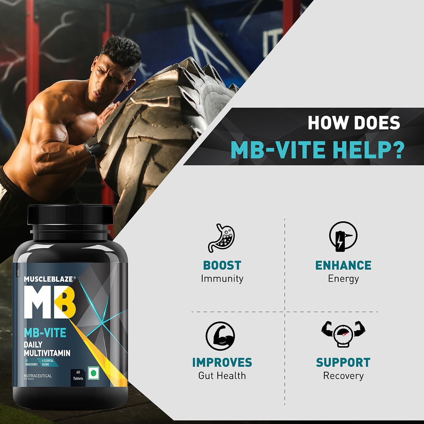 MuscleBlaze MB-VITE Daily Multivitamin, for Enhanced Energy, Stamina & Gut Health